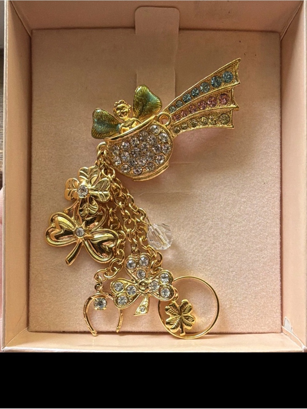 Kirks Folly Gold-Tone Lucky Brooch with Multicolor Crystal Accents
